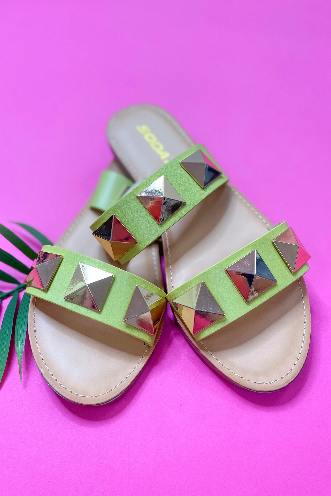 Lime Double Strap Gold Studded Sandals*FINAL SALE*