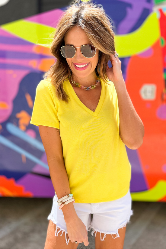 Neon Yellow V Neck Short Sleeve Knit Top, neon top, short sleeve top, summer top, spring colors, v neck, knit top, shop style your senses by mallory fitzsimmons