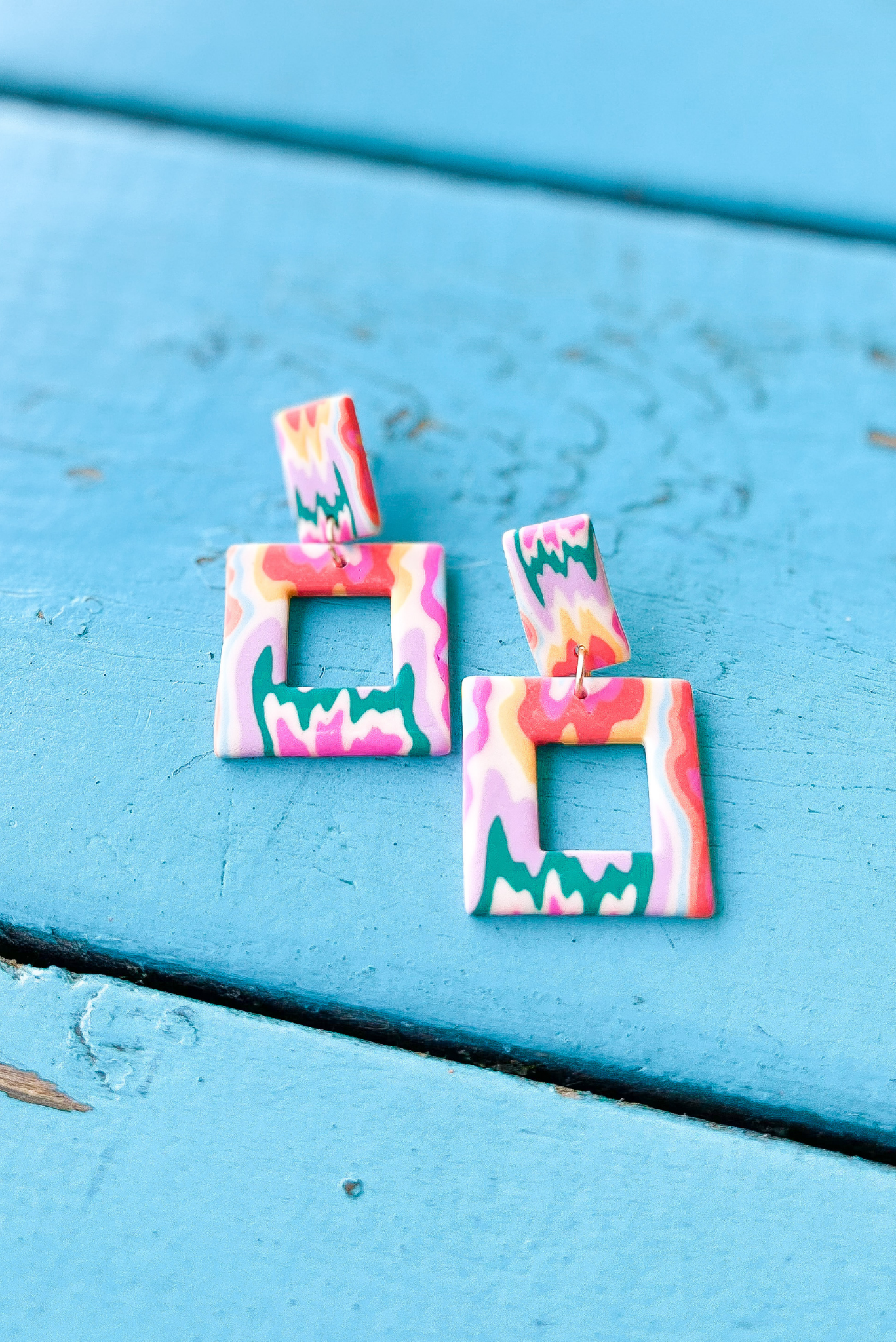 Colorful Abstract Print Clay Square Drop Earrings