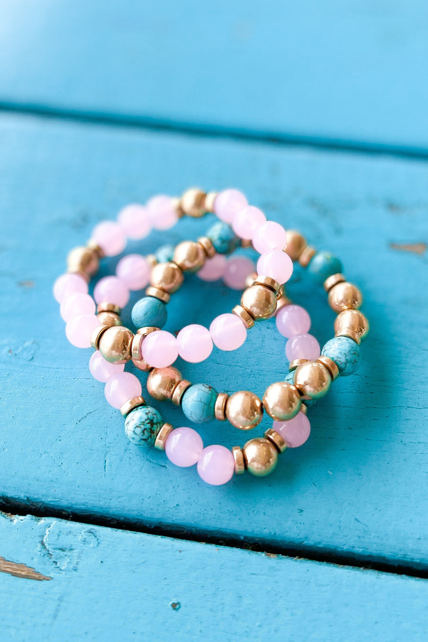 Pink Turquoise Gold Beaded Stretch Bracelet Stack