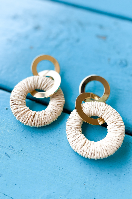 Ivory Raffia Circle Disc Link Dangle Earrings