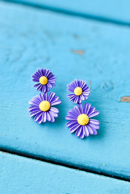 Load image into Gallery viewer, Purple Double Daisy Flower Earrings*FINAL SALE*

