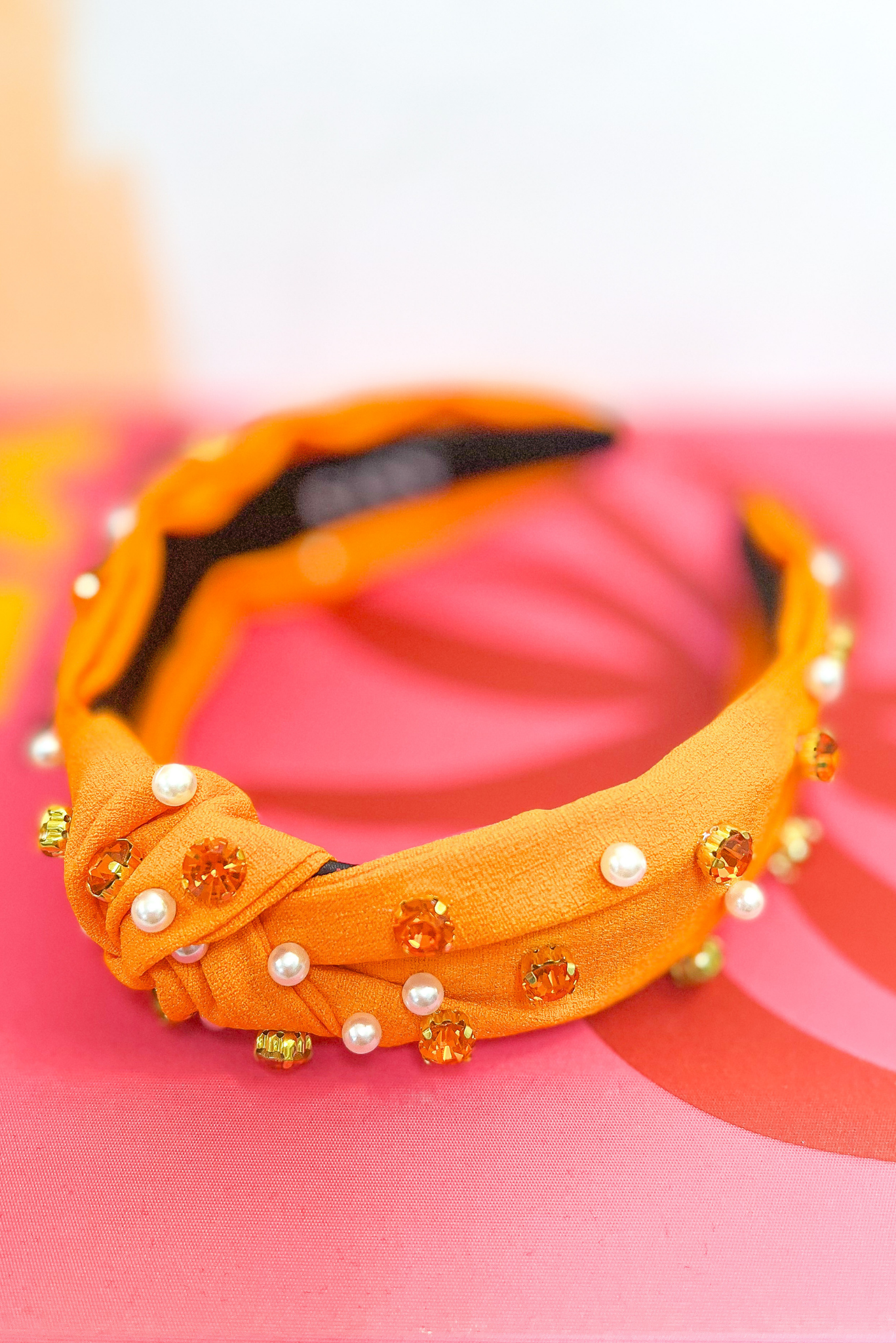 Orange Rhinestone And Pearl Knot Headband