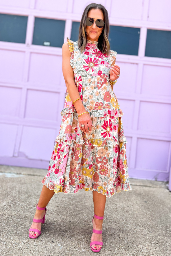 Pink Floral Print Frill Neck Cap Sleeve Tiered Midi Dress, midi dress, floral print, frill neck, cap sleeve, tiered midi dress, shop style your senses by mallory fitzsimmons