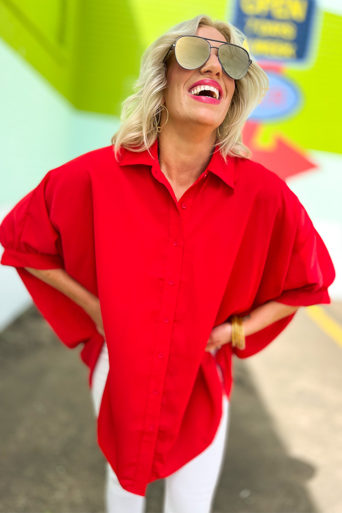 Load image into Gallery viewer, Red Oversized Dolman Sleeve Tunic Top, oversized, red tunic, dolman sleeve, work to weekend, shop style your senses by mallory fitzismmons
