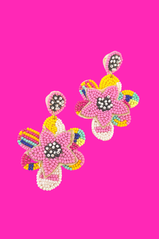 Multi Beaded Star Flower Overlay Dangle Earrings