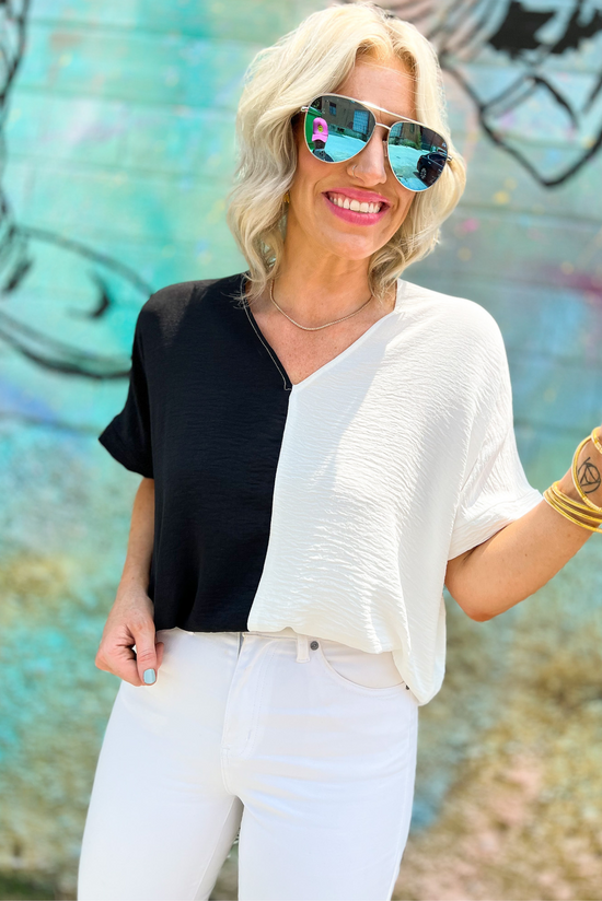 Black White Colorblock V Neck Boxy Top, boxy top, colorblock, black and white top, v neck, boxy top, shop style your senses by mallory fitzsimmons