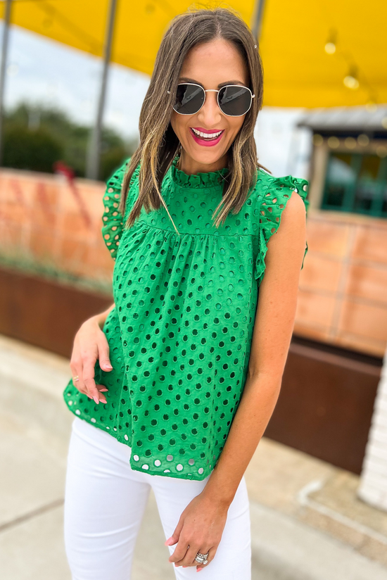 Load image into Gallery viewer, Kelly Green Eyelet Mock Neck Ruffle Cap Sleeve Top, kelly green, eyelet top, work to weekend, green ruffle sleeve, cap sleeve top, shop style your senses by mallory fitzsimmons
