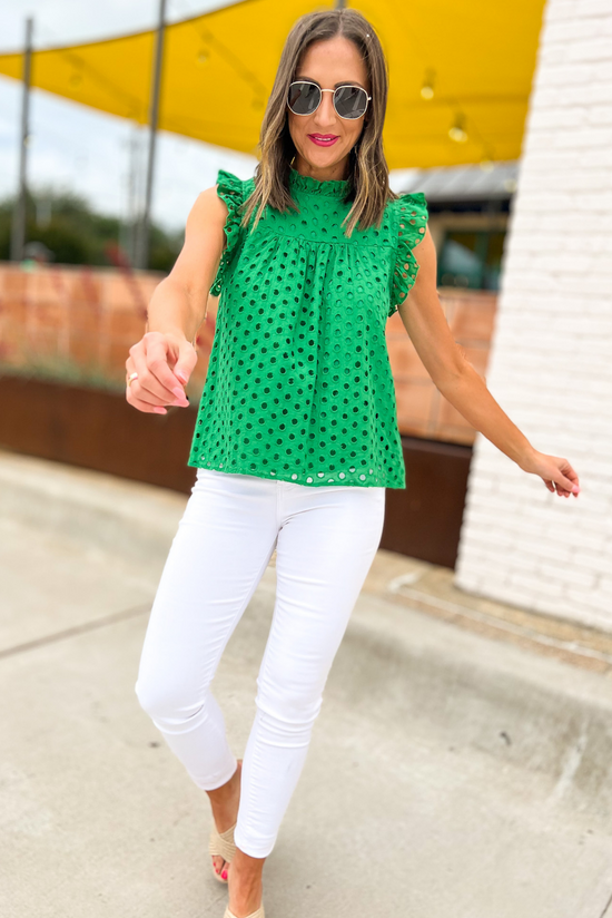 Load image into Gallery viewer, Kelly Green Eyelet Mock Neck Ruffle Cap Sleeve Top, kelly green, eyelet top, work to weekend, green ruffle sleeve, cap sleeve top, shop style your senses by mallory fitzsimmons

