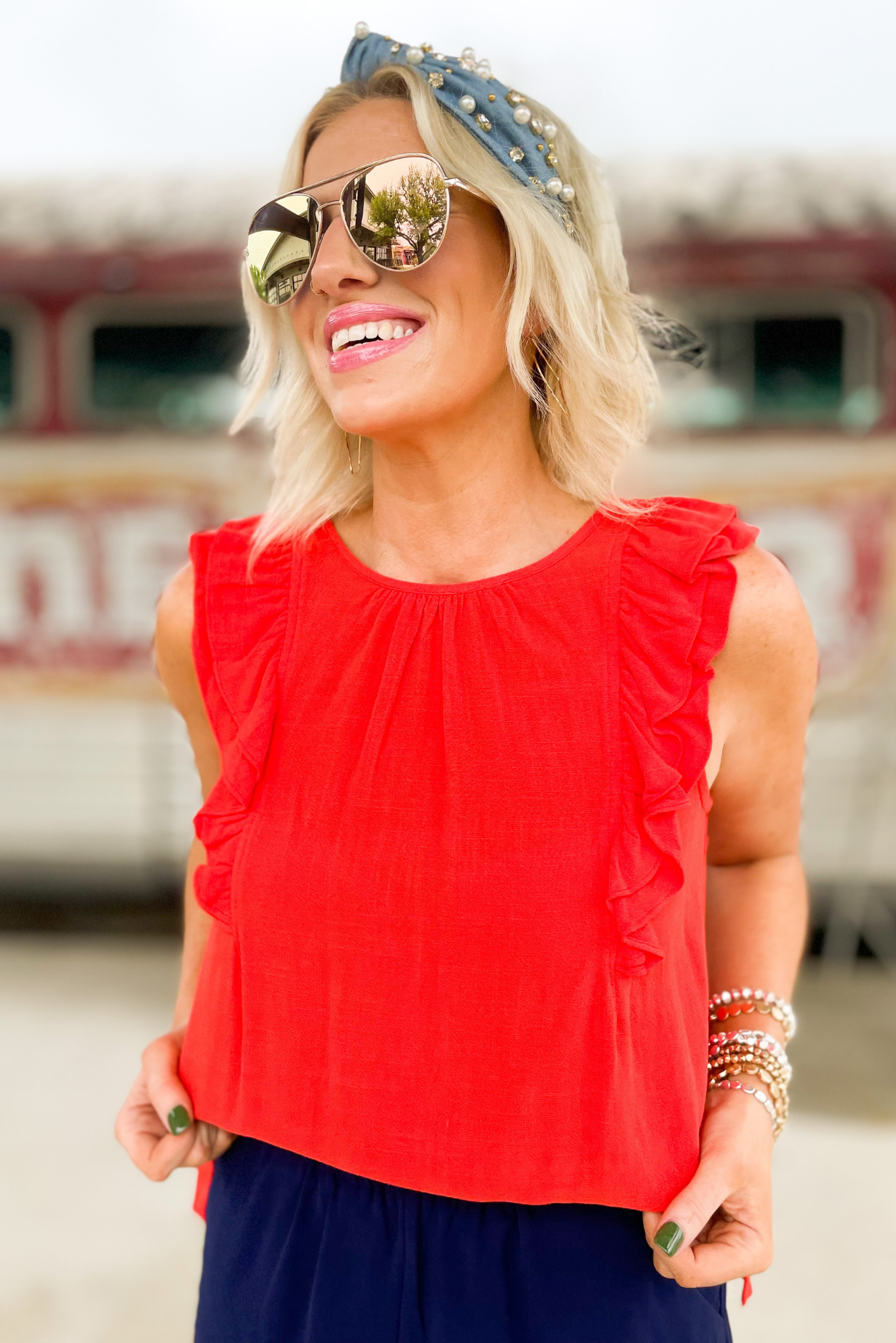 Red Ruffle Cap Sleeve Linen Top, red top, ruffle sleeve, cap sleeve, summer top, linen top, navy shorts, shop style your senses by mallory fitzsimmons