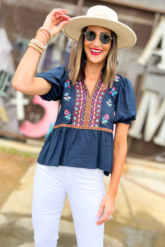 Navy V Neck Embroidered Puff Sleeve Top, embroidery, puff sleeve top, v neck top, embroidered, shop style your senses by mallory fitzsimmons