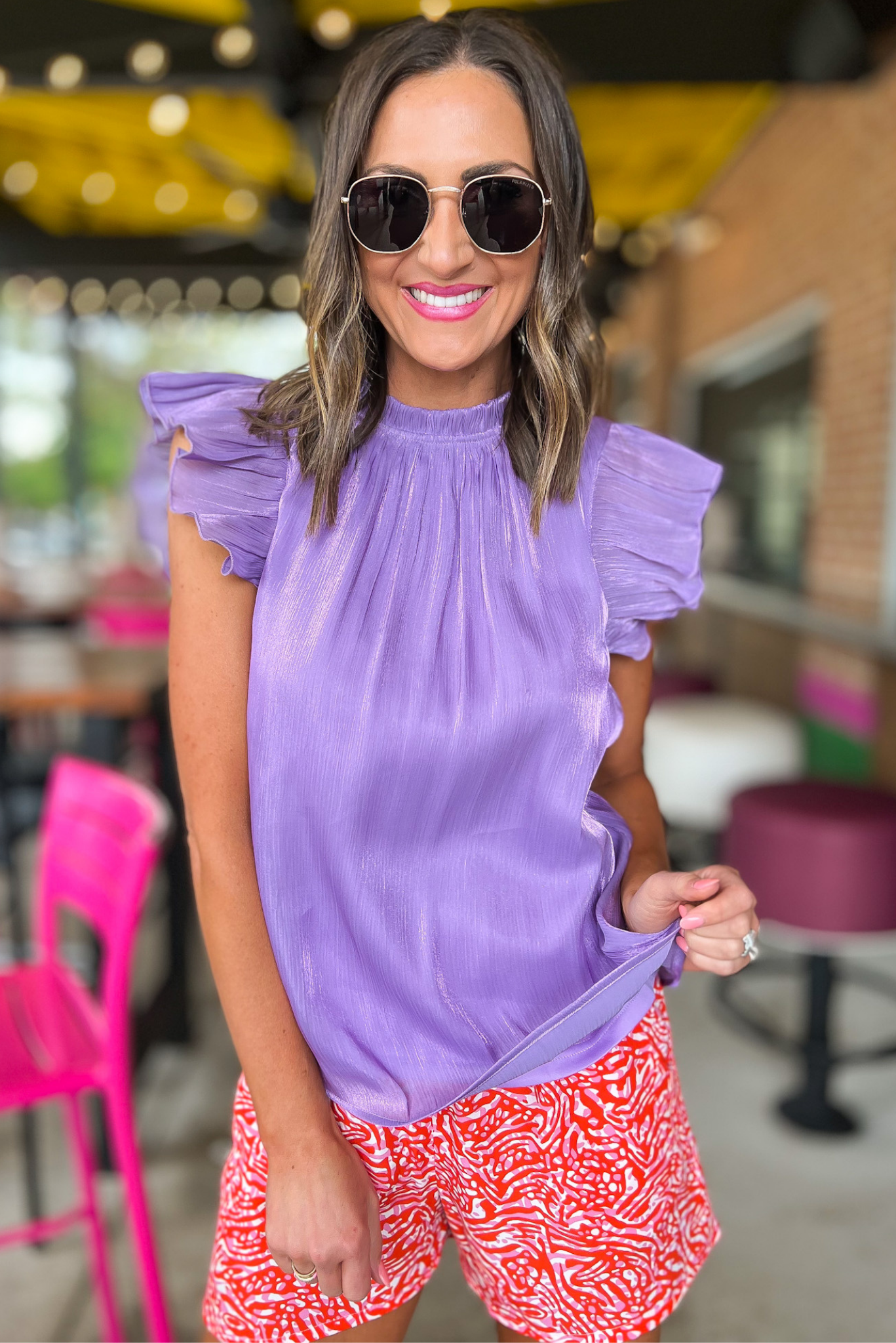 Load image into Gallery viewer, Purple Shimmer Frill Mock Neck Ruffle Cap Sleeve Top, satin, silky top, purple shimmer, ruffle, mock neck, frill sleeve, cap sleeve, summer top, shop style your senses by mallory fitzsimmons 
