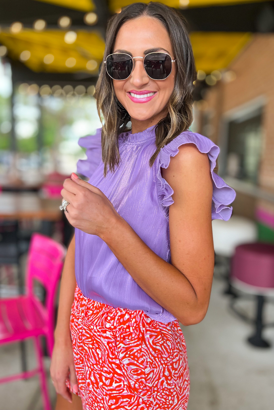 Load image into Gallery viewer, Purple Shimmer Frill Mock Neck Ruffle Cap Sleeve Top, satin, silky top, purple shimmer, ruffle, mock neck, frill sleeve, cap sleeve, summer top, shop style your senses by mallory fitzsimmons 

