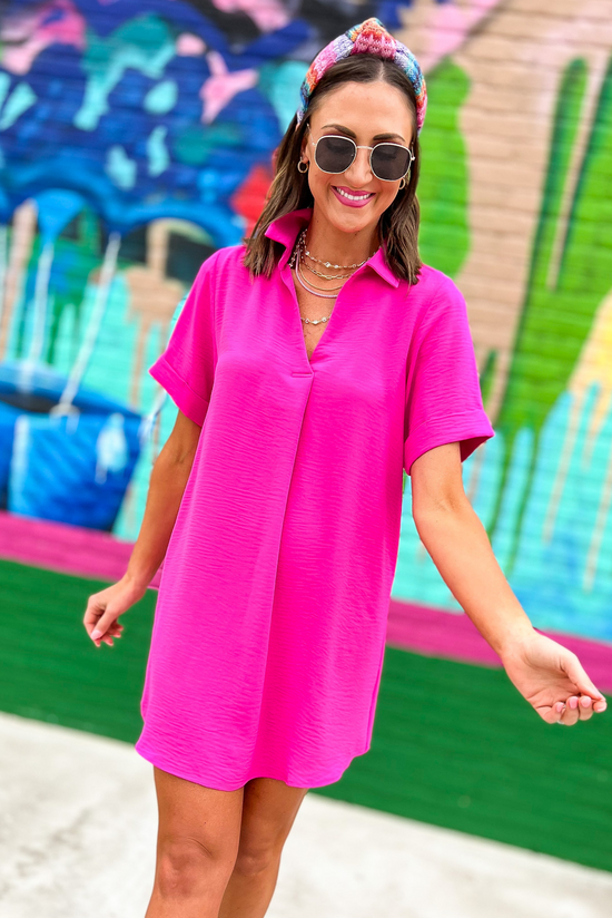 Hot Pink Collared V Neck Rolled Sleeves Shift Dress, shift dress, hot pink dress, v neck, collared v neck, shop style your senses by mallory fitzsimmons