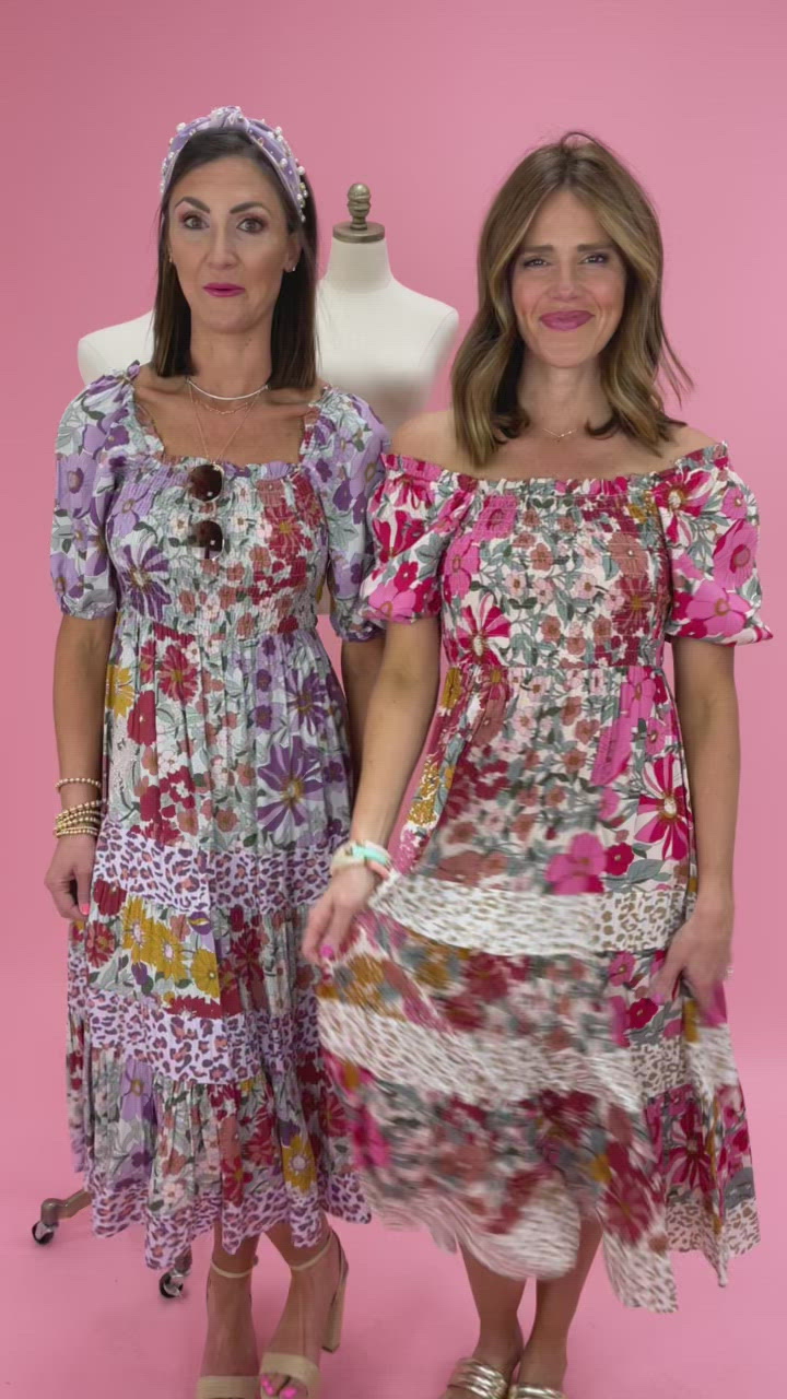 Load and play video in Gallery viewer, Light Pink Floral And Animal Print Smocked Puff Sleeve Midi Dress
