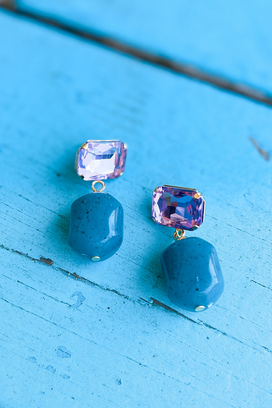 Purple Emerald Cut Stone Marbled Bead Link Earrings*FINAL SALE*