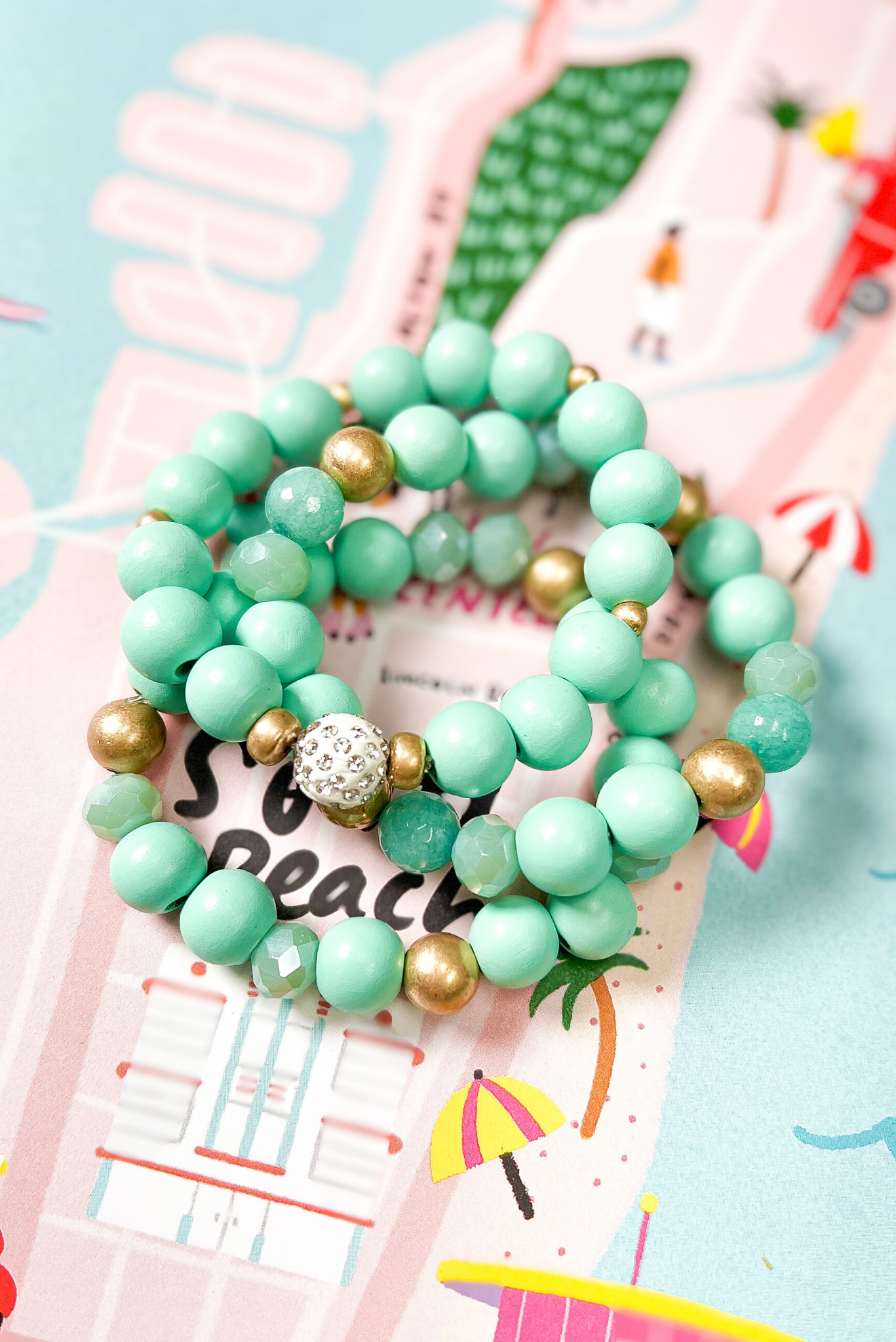 Load image into Gallery viewer, Mint Wood Bead Stretch Gold Accent Bracelet Stack

