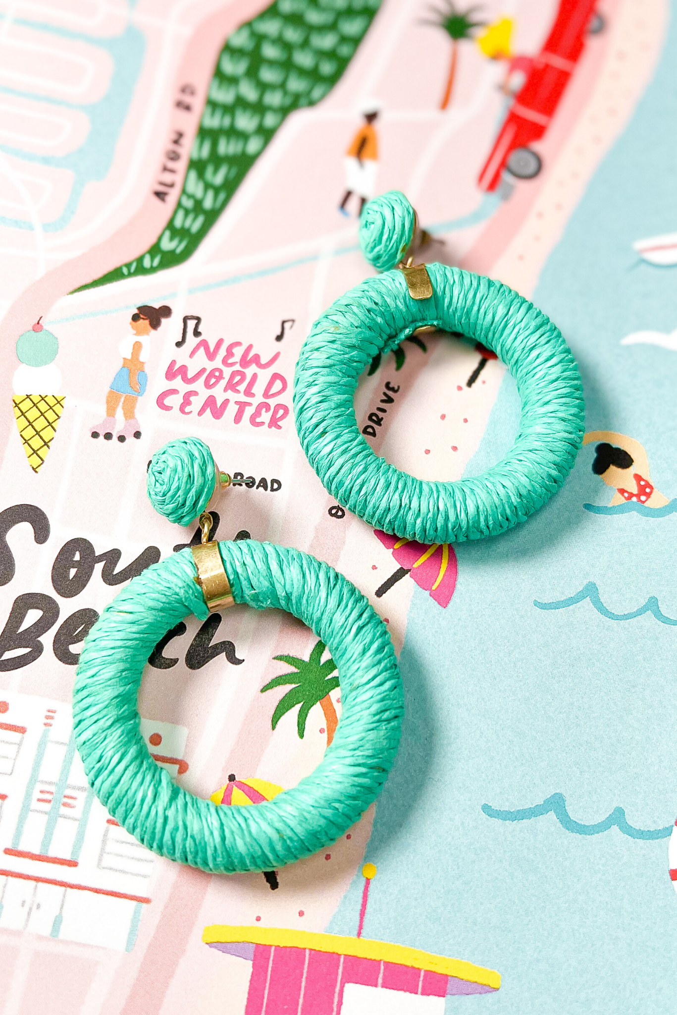 Load image into Gallery viewer, Turquoise Raffia Wrapped Open Circle Earrings
