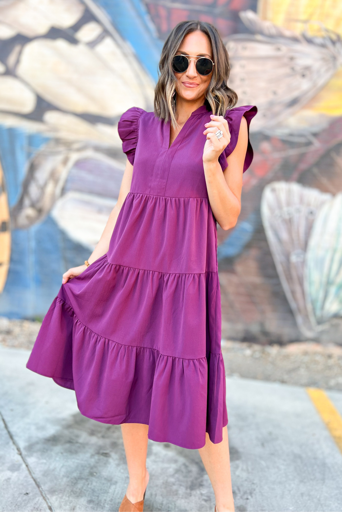 Load image into Gallery viewer, Plum V Neck Flutter Sleeve Tiered Midi Dress, flutter sleeve dress, tiered dress, midi dress, shop style your sense by mallory fitzsimmons
