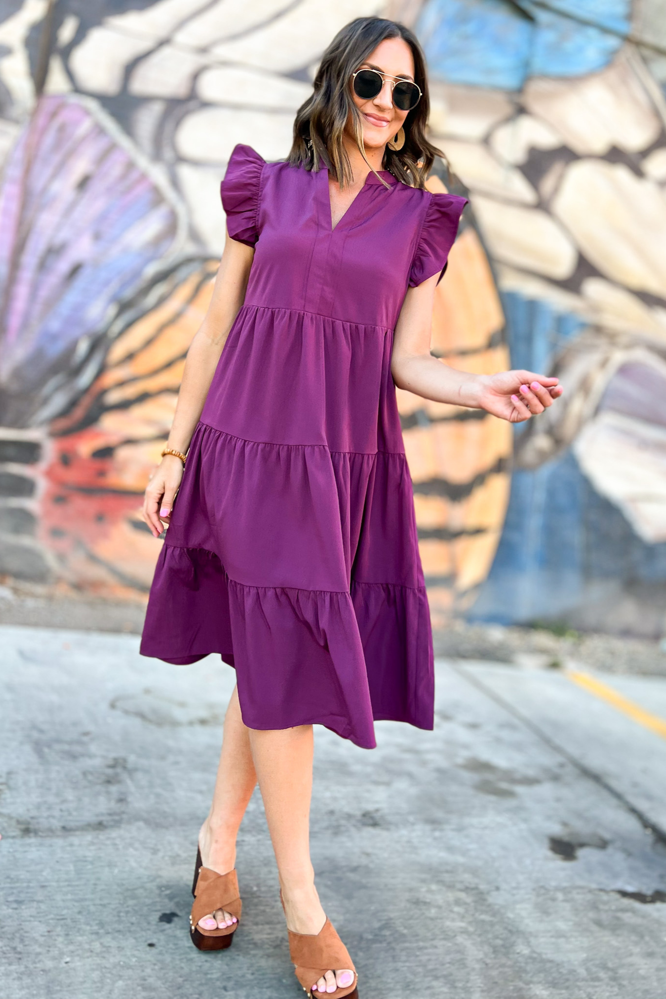 Plum V Neck Flutter Sleeve Tiered Midi Dress, flutter sleeve dress, tiered dress, midi dress, shop style your sense by mallory fitzsimmons