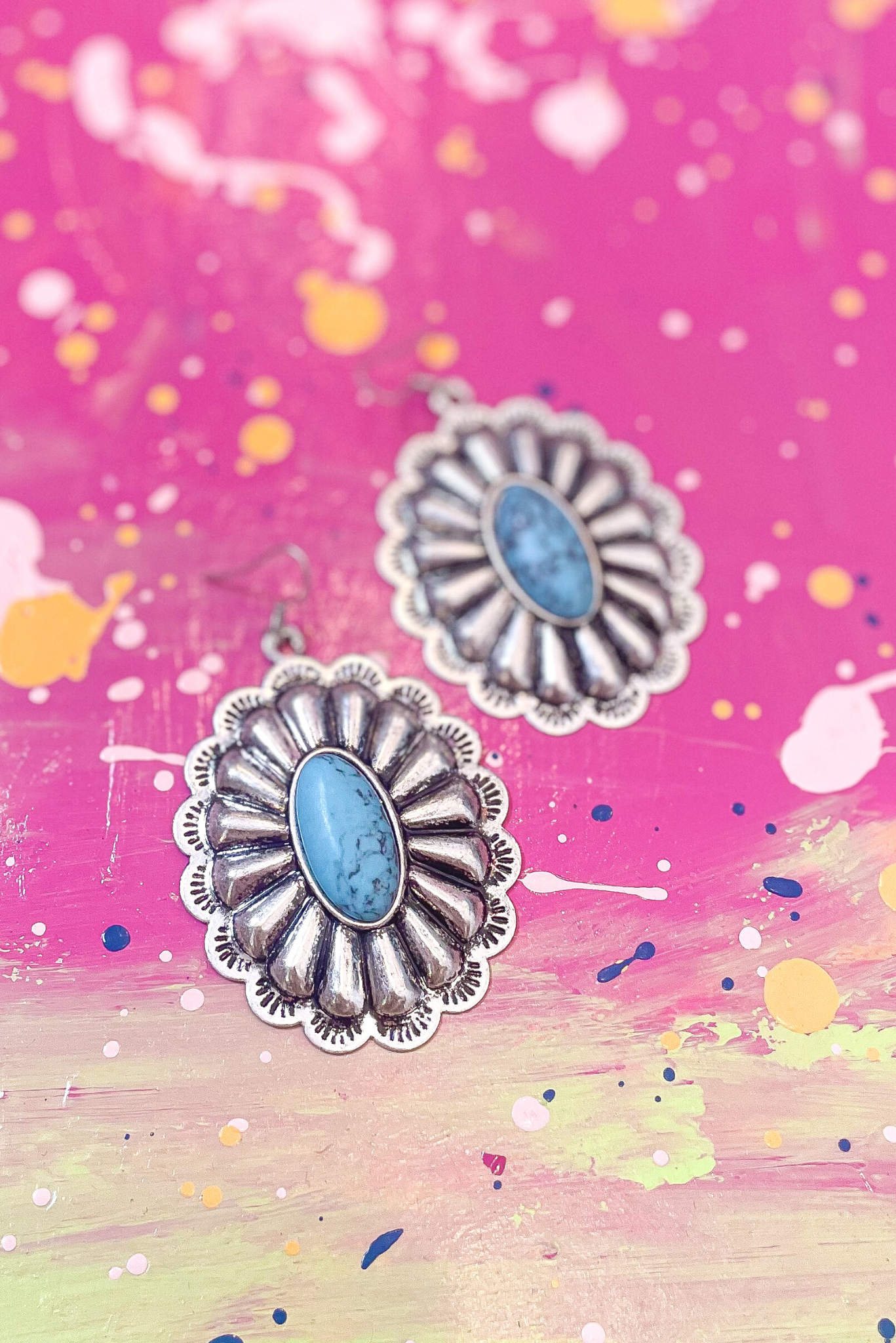 Silver Turquoise Stone Concho Flower Dangle Earrings