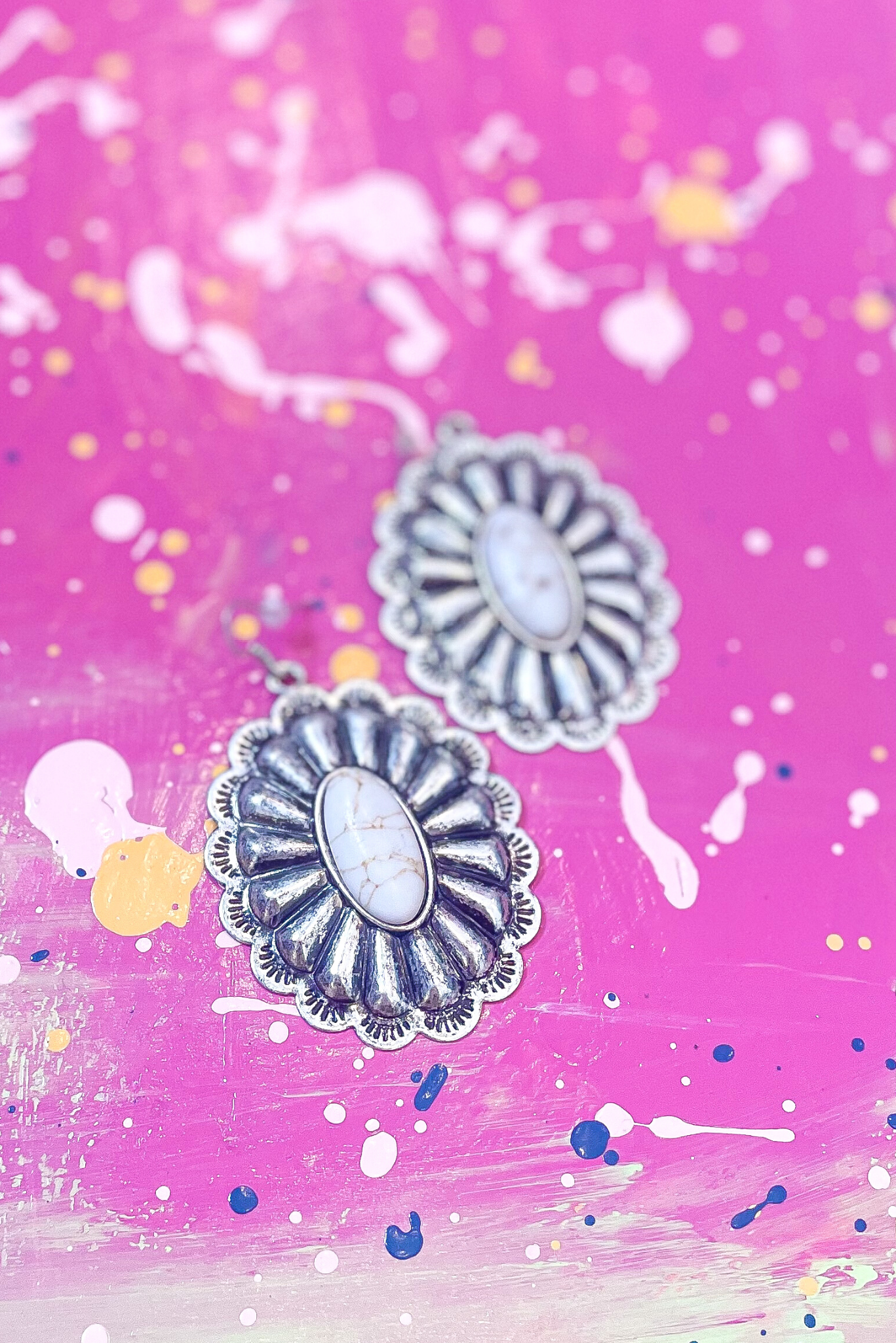 Silver White Stone Concho Flower Dangle Earrings