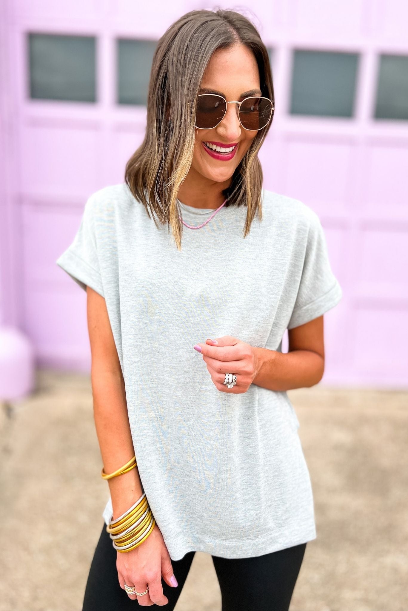 Heather Grey Round Neck Short Sleeve Side Slit Top, round neck, split hem, short sleeve workout top, athleisure, mom style, shop style your senses by mallory fitzsimmons