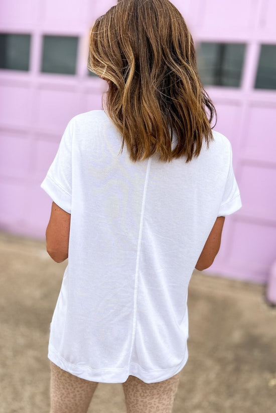 Load image into Gallery viewer, White Round Neck Short Sleeve Side Slit Top, round neck, split hem, short sleeve workout top, athleisure, mom style, shop style your senses by mallory fitzsimmons

