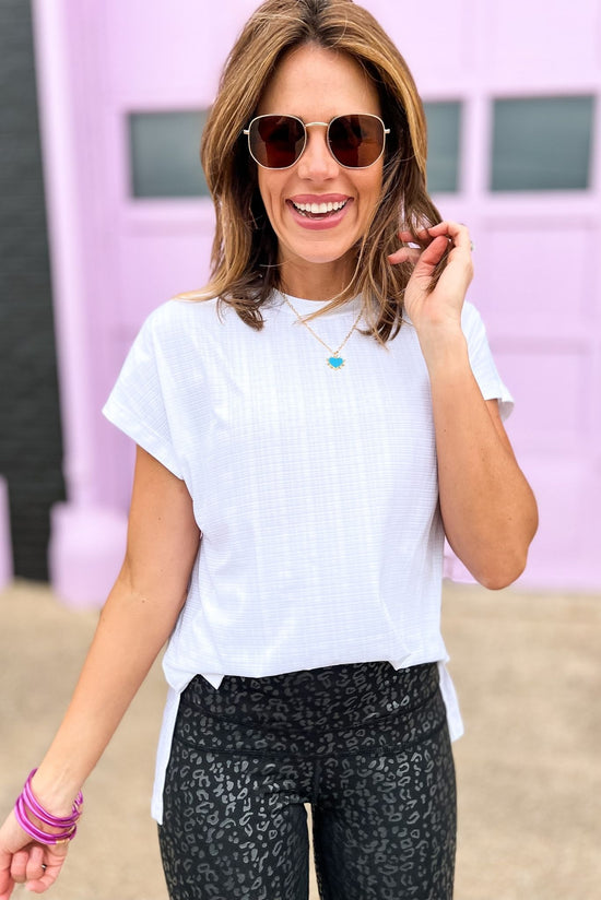 White Textured Short Sleeve Side Slit Top, side split top, black workout top, athelisure, workout, textured top, short sleeve top, matching set, shop style your senses by mallory fitzsimmons