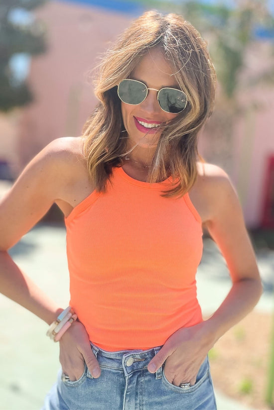 Neon Orange Round Neck Thick Hem Ribbed Tank Top, black halter, halter tank, essential, summer tank, spring top, layering, summer outfit, shop style your senses by mallory fitzsimmons