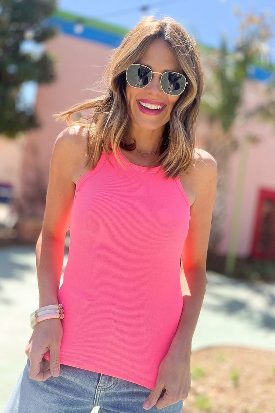 Load image into Gallery viewer, Neon Pink Round Neck Thick Hem Ribbed Tank Top, black halter, halter tank, essential, summer tank, spring top, layering, summer outfit, shop style your senses by mallory fitzsimmons
