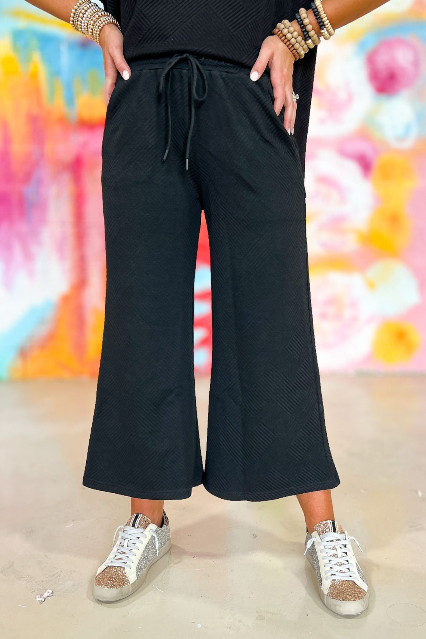 Load image into Gallery viewer, Black Textured Drop Shoulder Wide Leg Pants Set, fall transition piece, chic updated pant, versatile top, mom style, running errands, easy to style, matching set, shop style your senses by mallory fitzsimmons
