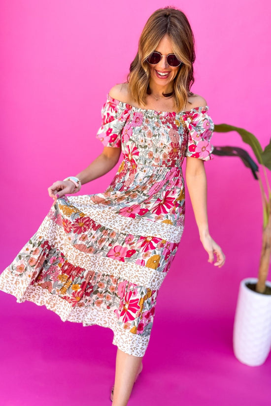 Load image into Gallery viewer, Light Pink Floral And Animal Print Smocked Puff Sleeve Midi Dress, maxi dress, floral dress, spring colors, floral print, square neck, shop style your senses by mallory fitzsimmons
