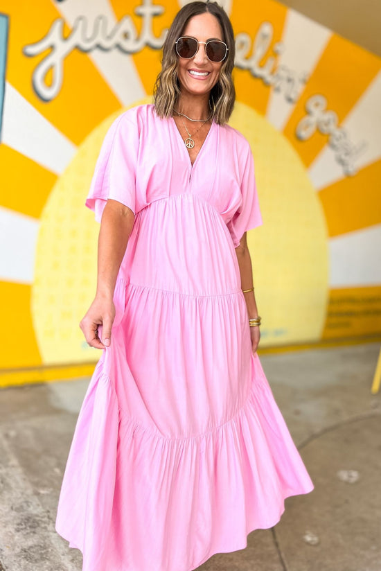 Load image into Gallery viewer, Light Pink V Neck Tiered Maxi Dress, v neck, midi dress, spring time, tiered dress, maxi, easter dress, light pink, shop style your senses by mallory fitzsimmons
