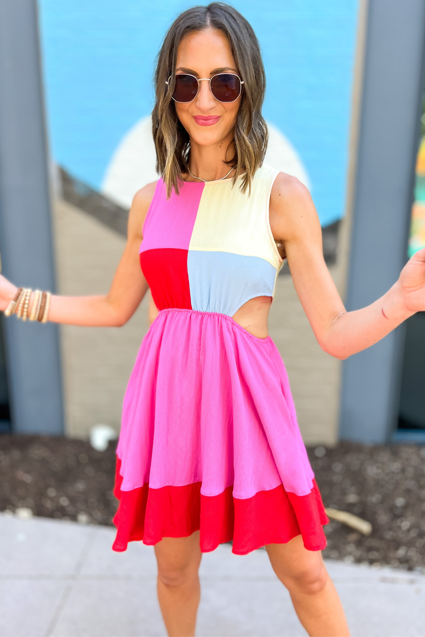 Pink Colorblock Round Neck Cut Out Dress, colorblock dress, dress, cut out dress, summer dress, date night, mom style, shop style your senses by mallory fitzsimmons