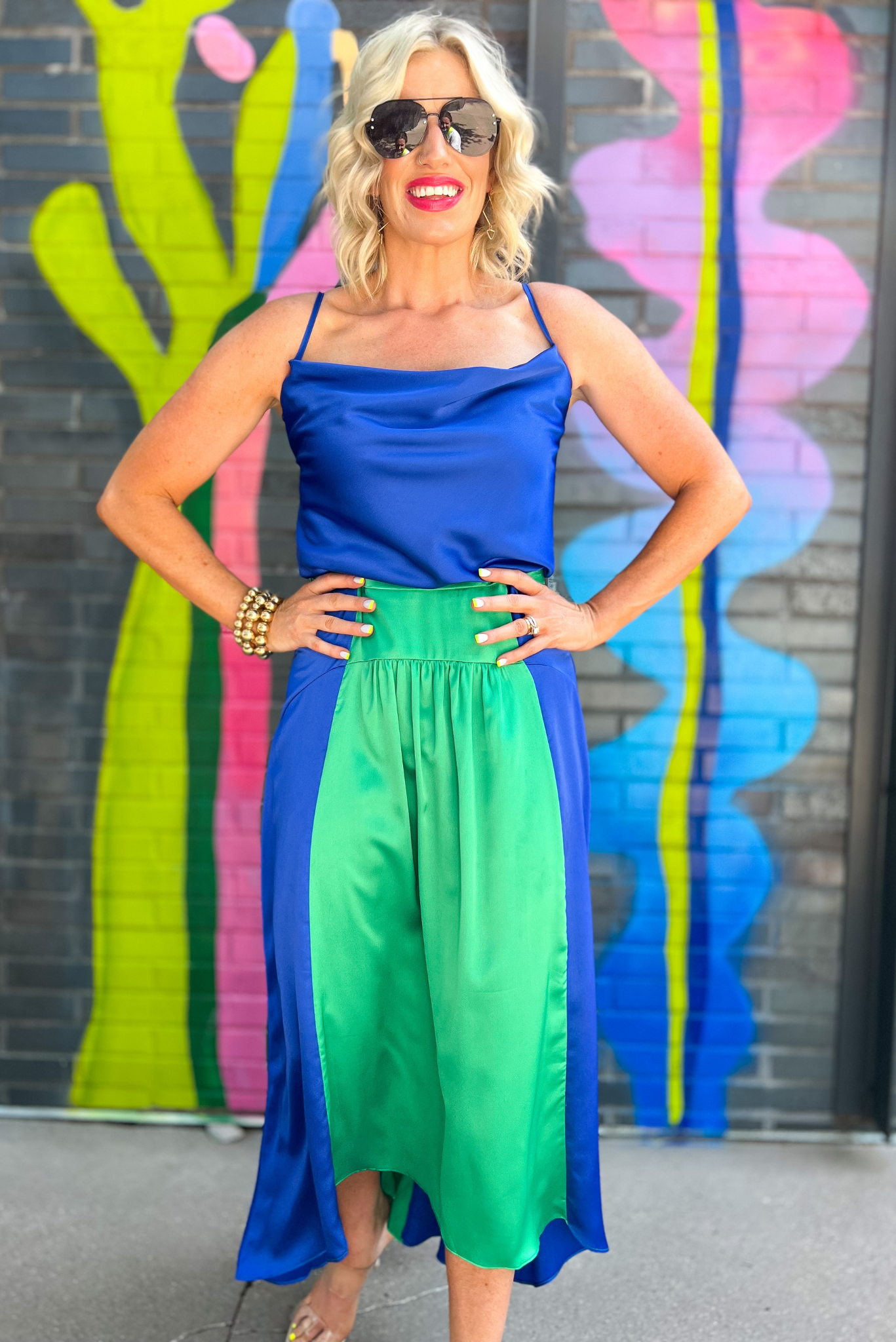 Royal Blue Satin Cowl Neck Cami Bodysuit, bodysuit, colorblocking, maxi skirt, date night, work to weekend, shop style your senses by mallory fitzsimmons