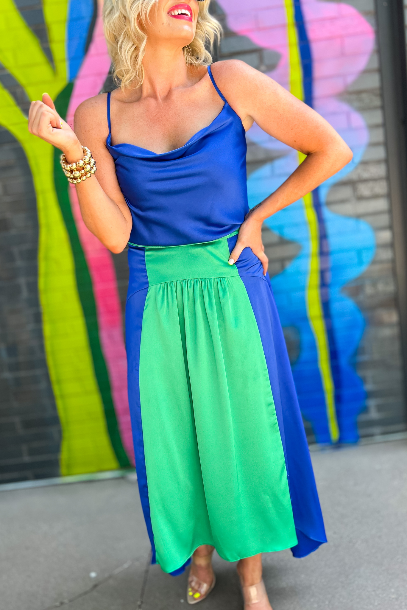 Royal Blue Satin Cowl Neck Cami Bodysuit, bodysuit, colorblocking, maxi skirt, date night, work to weekend, shop style your senses by mallory fitzsimmons