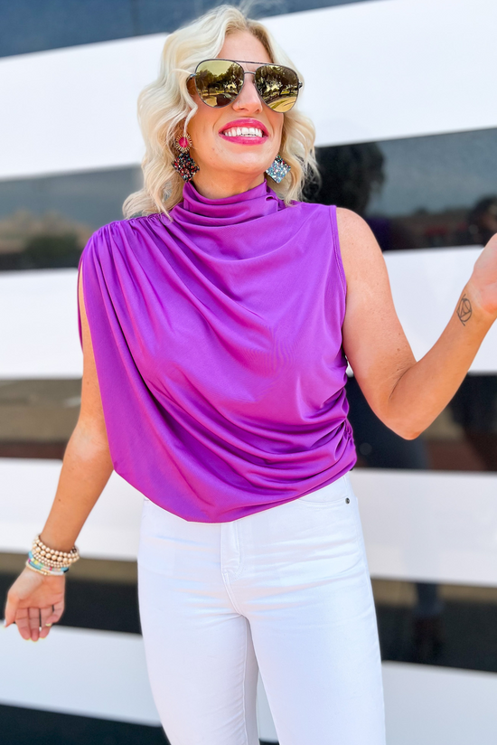 Load image into Gallery viewer, Purple Asymmetric Draped Sleeveless Top, sleeveless, draped top, date night, hot pink, asymmetric, work to weekend, shop style your senses by mallory fitzsimmons
