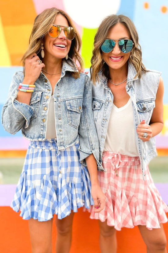 Load image into Gallery viewer, Light Wash Denim Vest, denim vest, collared, light wash, mom style, summer top, vest, spring fashion, outfit, gingham skort, shop style your senses by mallory fitzsimmons
