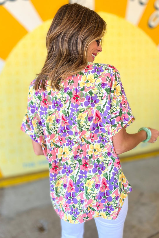 Load image into Gallery viewer, Lavender Pink Floral V Neck Short Sleeve Boxy Top, boxy top, floral print, yellow floral, purple floral, spring top, spring blouse, work to weekend, mom style, shop style your senses by mallory fitzsimmons
