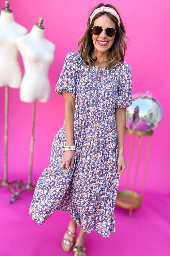 Load image into Gallery viewer, Purple Floral Printed Short Sleeve Tiered Midi Dress, midi dress, floral print, purple floral, tiered dress, summer dress, spring dress, summer style, mom style, shop style your senses by mallory fitzsimmons
