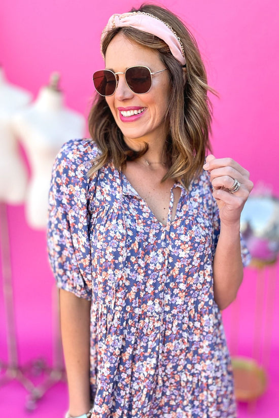 Load image into Gallery viewer, Purple Floral Printed Short Sleeve Tiered Midi Dress, midi dress, floral print, purple floral, tiered dress, summer dress, spring dress, summer style, mom style, shop style your senses by mallory fitzsimmons
