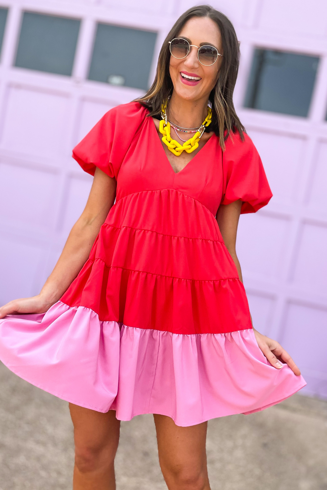 Red Pink Colorblock V Neck Bubble Sleeve Babydoll Dress, colorblock dress, v neck, puff sleeve, tiered dress, babydoll dress, shop style your senses by mallory fitzsimmons