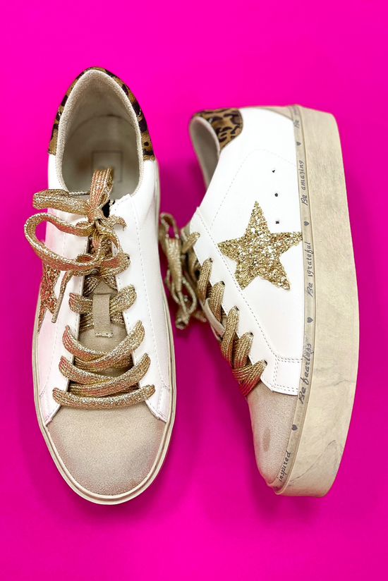 Load image into Gallery viewer, White Gold Glitter Star Animal Print Heel Tab Platform Sneakers, shop style your senses by mallory fitzsimmons
