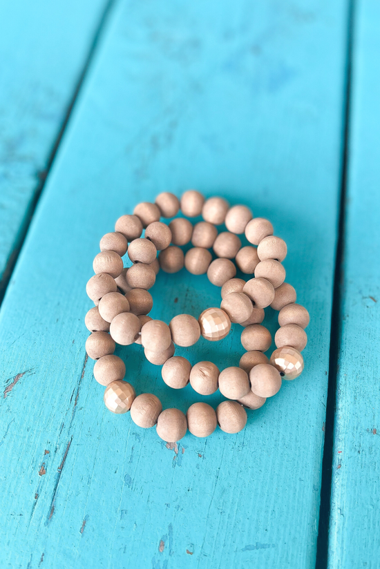 Tan Wooden Bead Stretch Gold Accent Bracelet Stack