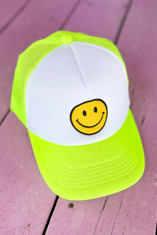 Load image into Gallery viewer, Neon Yellow Smiley Trucker Hat
