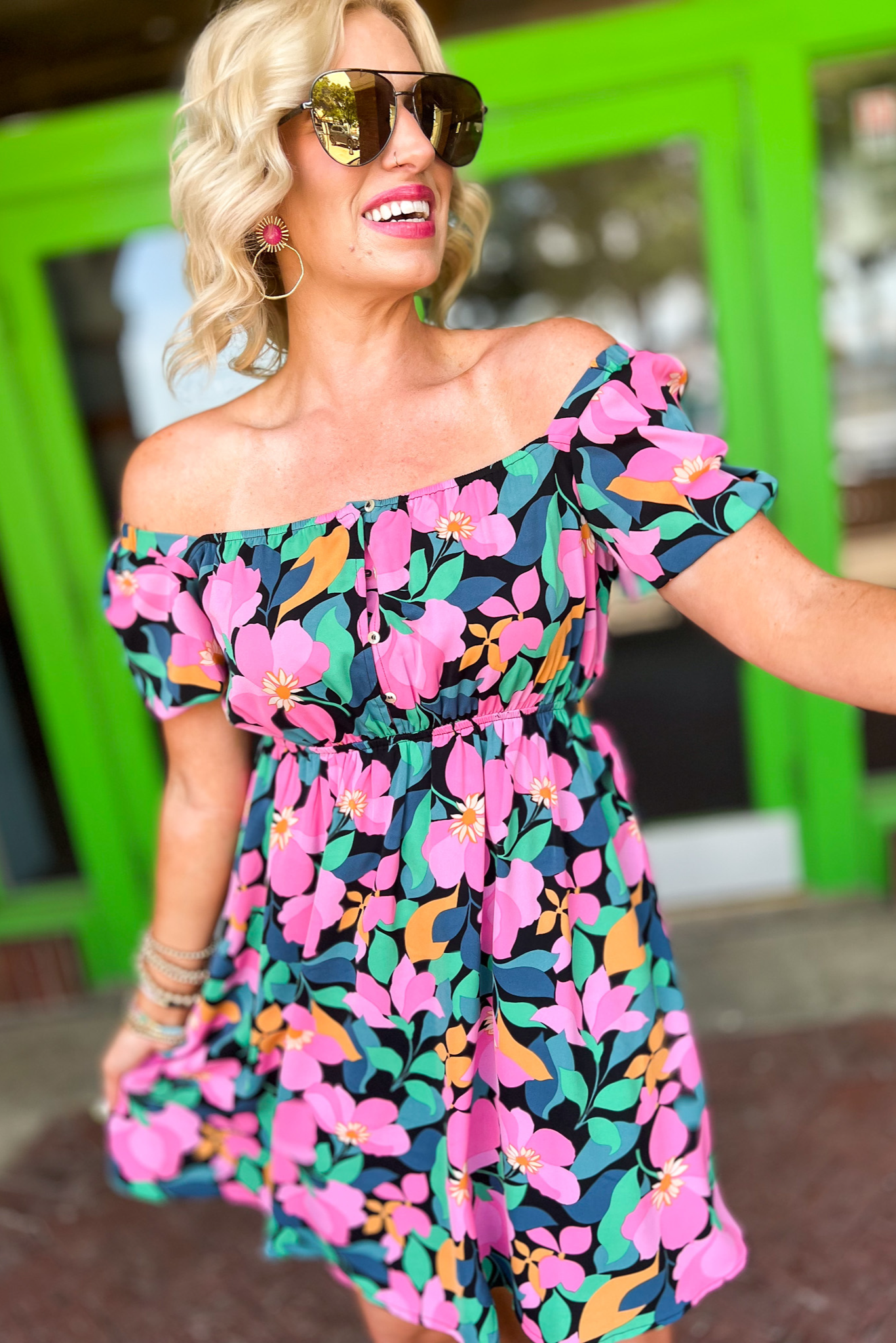 Load image into Gallery viewer, Black Floral Button Up Square Neck Babydoll Dress, off the shoulder, floral dress, date night, mom style, summer style, shop style your senses by mallory fitzsimmons
