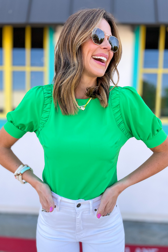 Load image into Gallery viewer, Green Puff Sleeve Shoulder Gathering Top, poplin top, work to weekend, puff sleeve shoulder, date night, shop style your senses by mallory fitzsimmons
