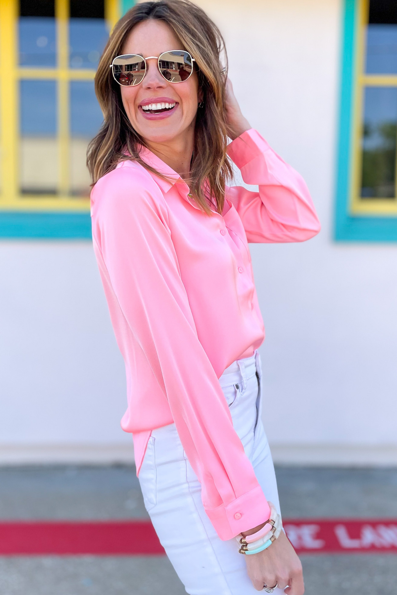 Load image into Gallery viewer, Neon Pink Satin Long Sleeve Button Down Top, shop style your senses by mallory fitzsimmons
