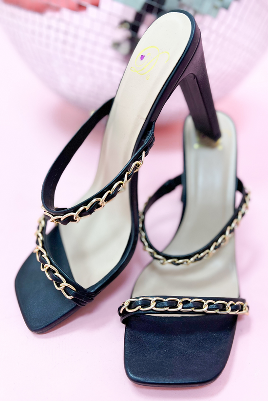 Load image into Gallery viewer, Black Gold Chain Link Strap Heels*FINAL SALE*
